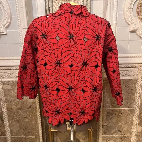 Karen Arnold. Size 3X. Cutwork Embroidered. Red Jacket. 1 Neck Button. B20 - Picture 2 of 6